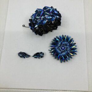 RARE gorgeous SHERMAN blue japanned cuff bracelet earrings brooch set